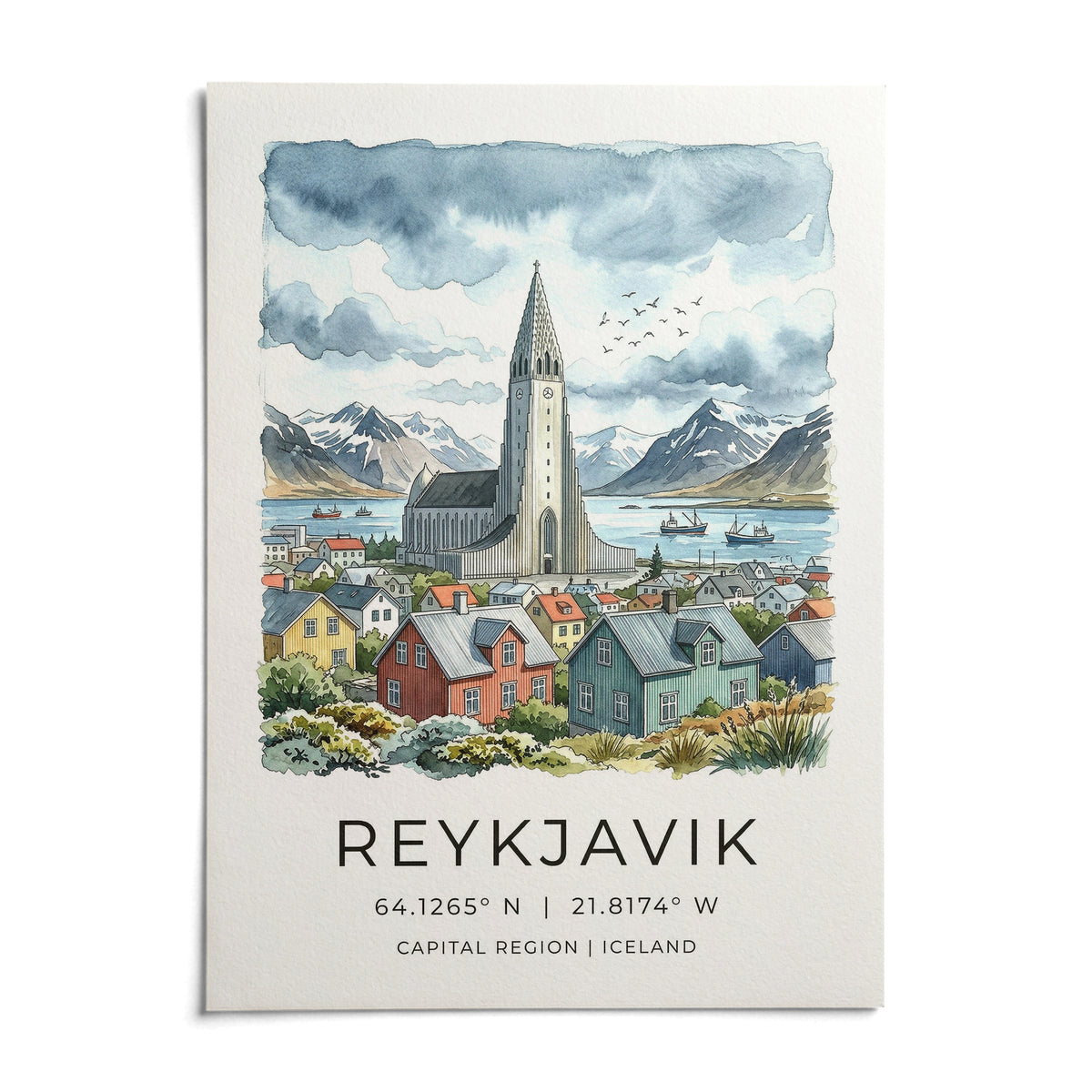 Reykjavik Watercolor Art Print, shown as an unframed paper print on a plain white background