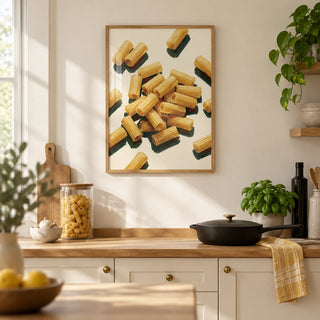 Rigatoni Pasta Print, framed on the wall of a bright modern kitchen with cream cabinets