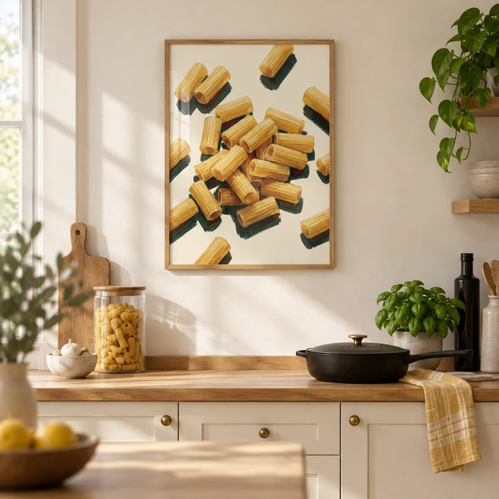 Rigatoni Pasta Print, framed on the wall of a bright modern kitchen with cream cabinets