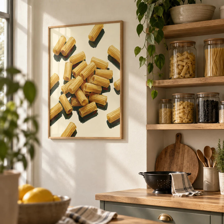 Rigatoni Pasta Print, framed on the wall of a cosy kitchen pantry corner with open oak shelving
