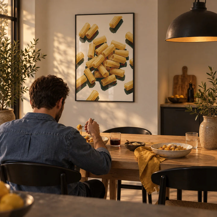 Rigatoni Pasta Print, framed on the wall of a modern kitchen-diner