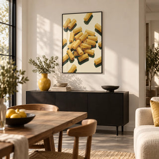 Rigatoni Pasta Print, framed on the wall of an open-plan living and dining space