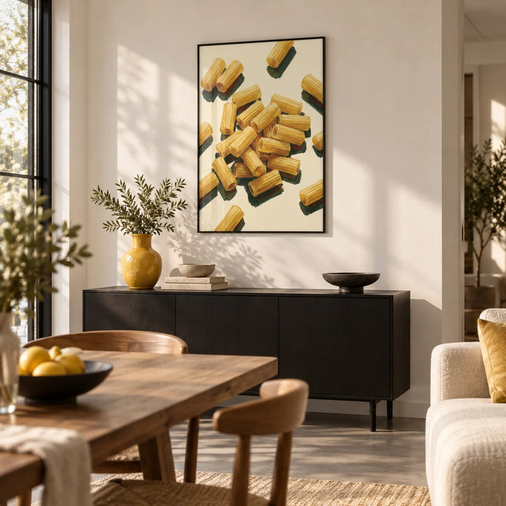 Rigatoni Pasta Print, framed on the wall of an open-plan living and dining space
