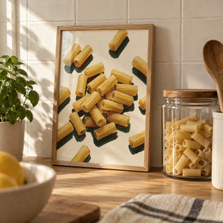 Rigatoni Pasta Print, a small A4 framed print leaning on an oak worktop in a kitchen