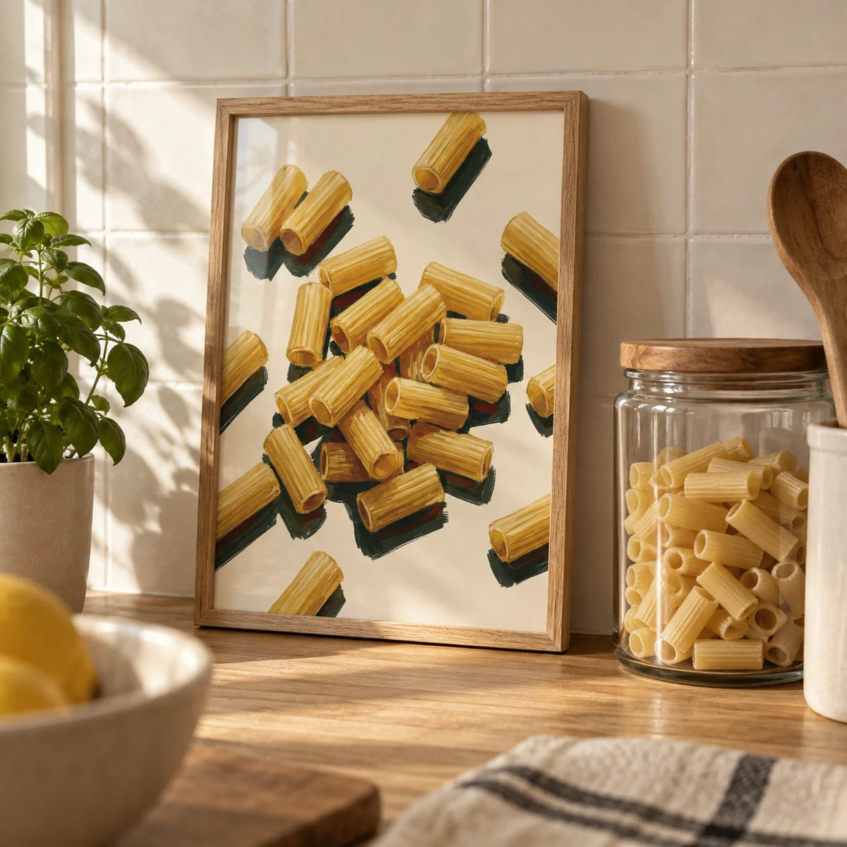 Rigatoni Pasta Print, a small A4 framed print leaning on an oak worktop in a kitchen