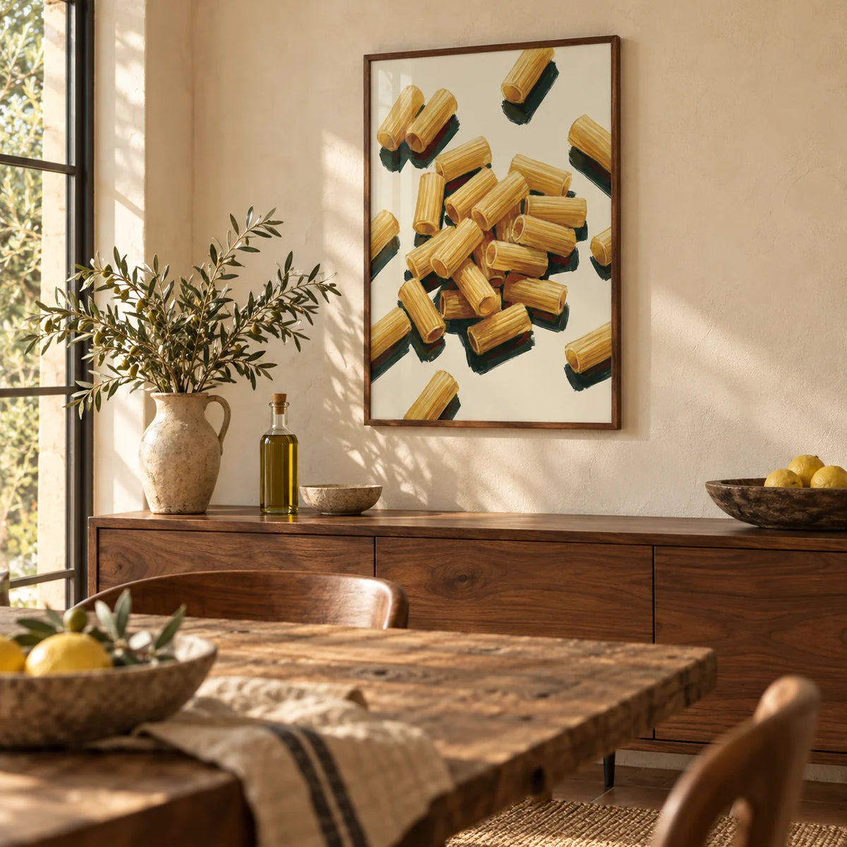 Rigatoni Pasta Print, framed on the wall of a warm Italian-style dining room with a cream plaster wall