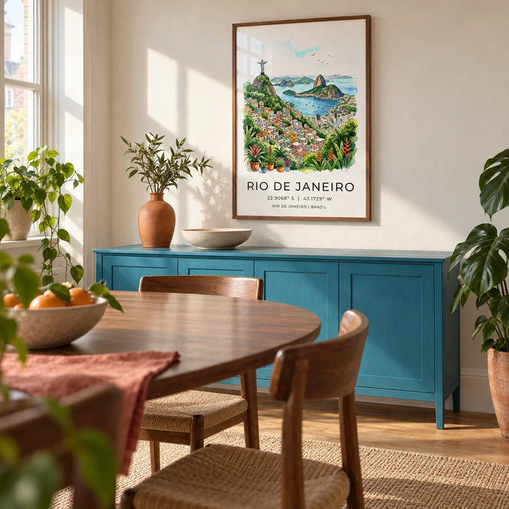 Rio De Janeiro Art Print, framed on the wall of a bright dining room in a UK flat with a warm white wall and a turquoise blue painted sideboard beside an oval walnut dining table