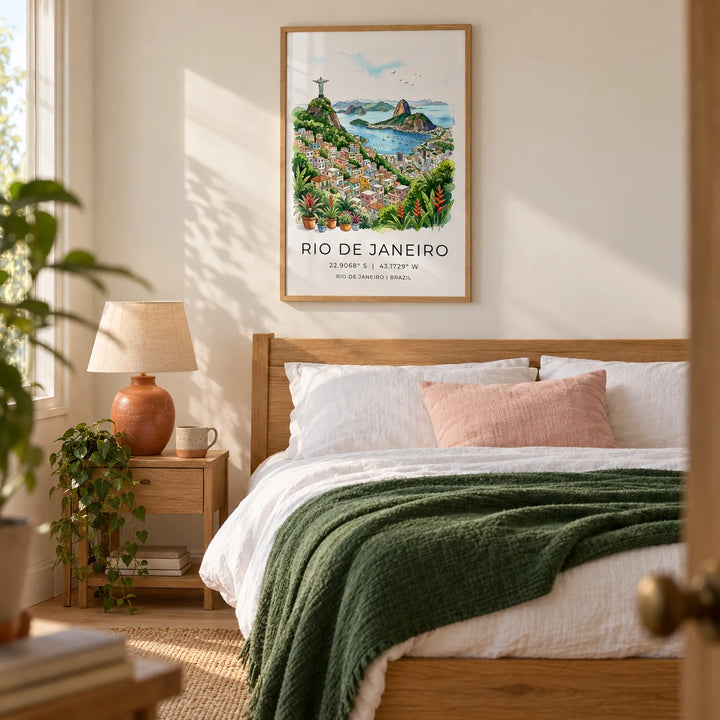 Rio De Janeiro Art Print, framed on the wall of a calm bedroom in a UK first home for a travel-loving couple aged 25-35 with a warm white wall and pale timber floor