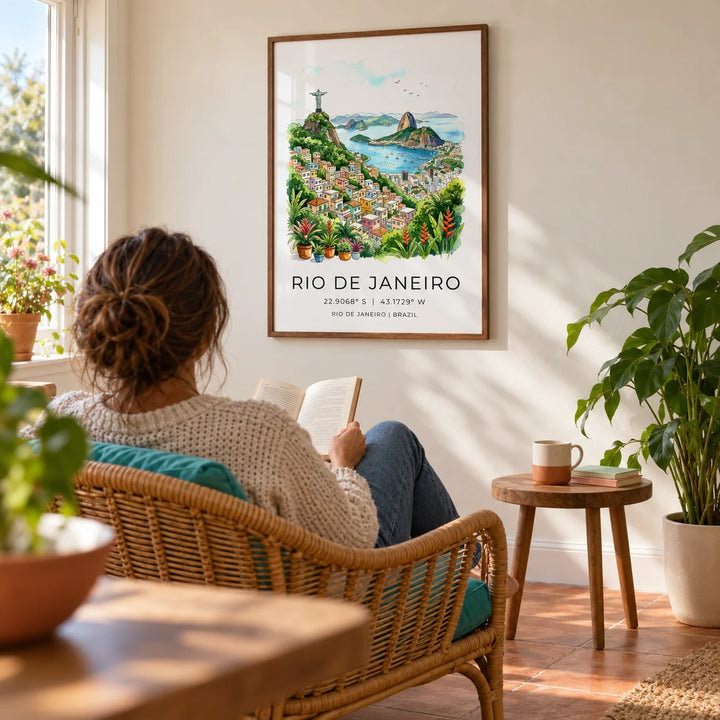 Rio De Janeiro Art Print, framed on the wall of a relaxed reading corner in a modest UK garden room with a cream wall and plain terracotta floor tiles in a living room