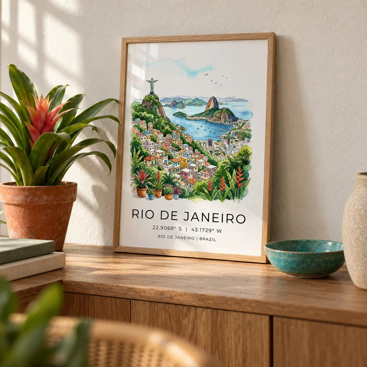 Rio De Janeiro Art Print, a small A4 framed print leaning on an oak side table in a hallway