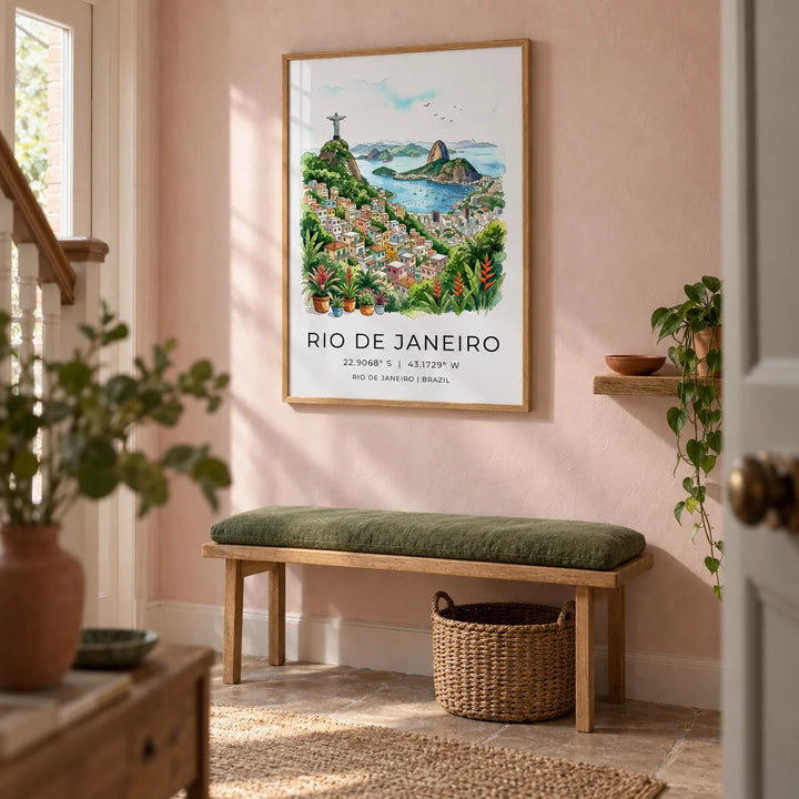 Rio De Janeiro Art Print, framed on the wall of a welcoming hallway in a UK terraced home with pale pink plaster walls and a plain warm stone floor