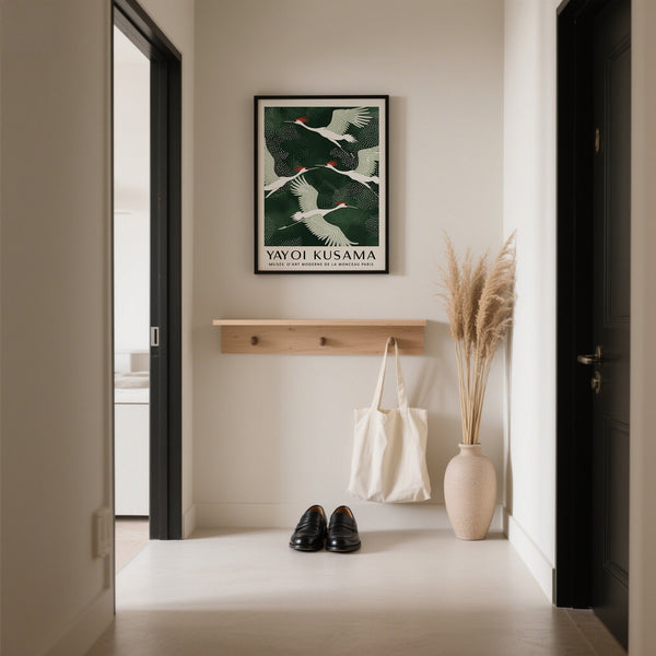 Minimalist Japandi Print of White Crane Birds flying with Green background and framed in black
