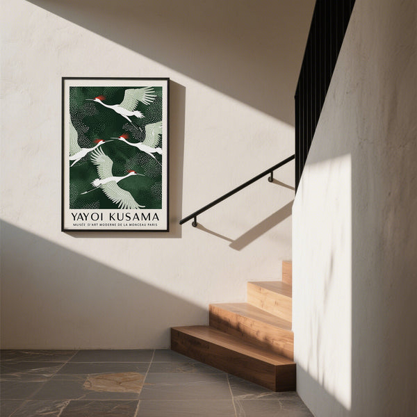 Japanese crane birds in flight in dark green and white framed in hallway