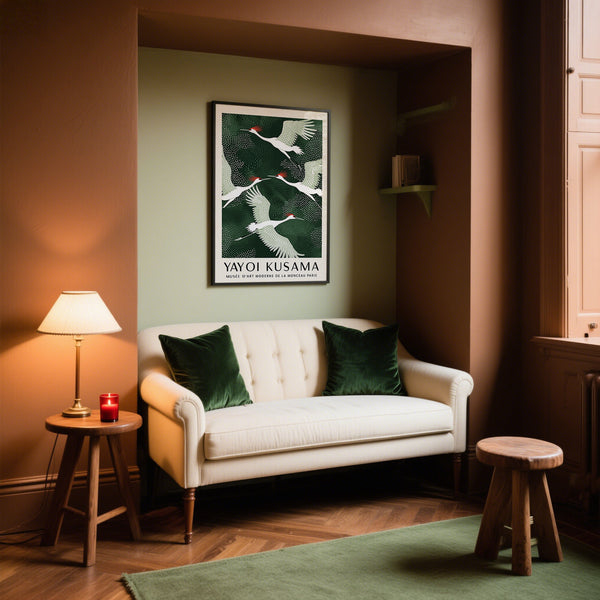 Japandi wall art with intricate polka dot detailing and cranes