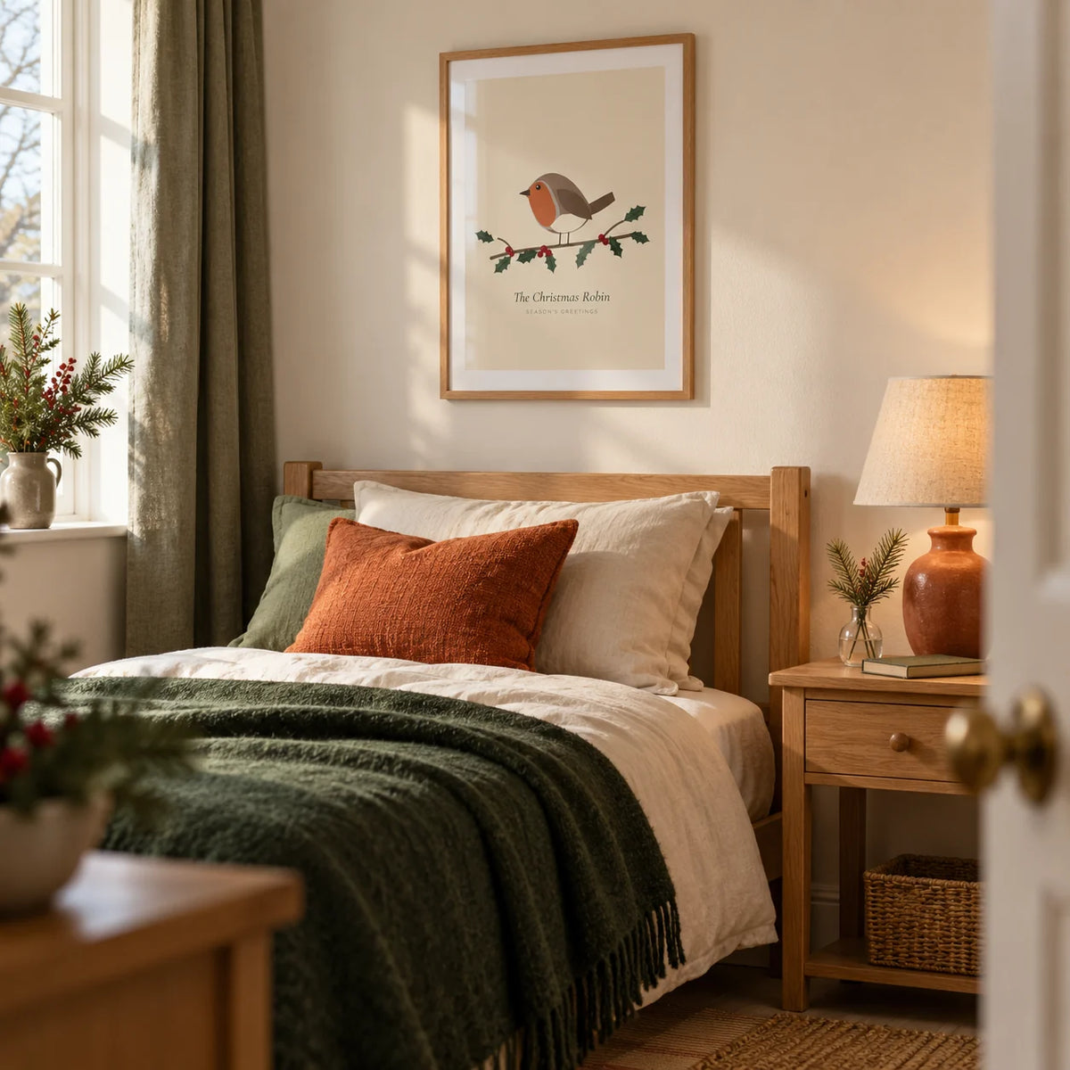 Robin Print, framed on the wall of a cosy guest bedroom in a British family home prepared for a Christmas visit