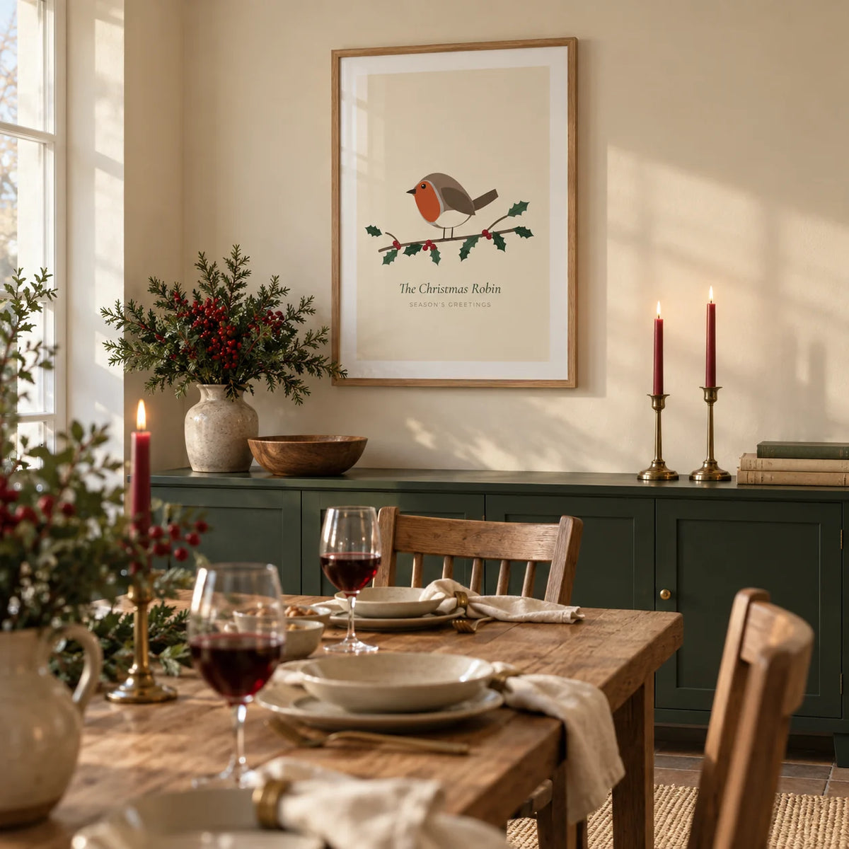 Robin Print, framed on the wall of a relaxed cottage dining room with a warm cream wall and an oak dining table set for a quiet winter supper