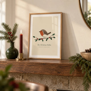 Robin Print, a small A4 framed print leaning on a walnut mantel shelf in a living room