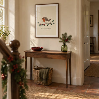 Robin Print, framed on the wall of a welcoming hallway in a period UK home with cream plaster walls and terracotta floor tiles