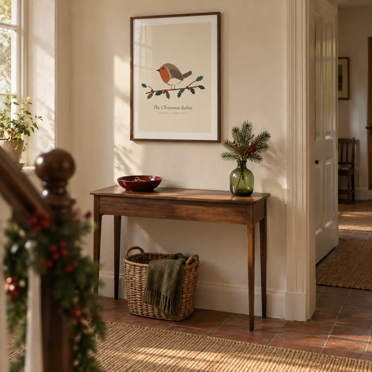 Robin Print, framed on the wall of a welcoming hallway in a period UK home with cream plaster walls and terracotta floor tiles