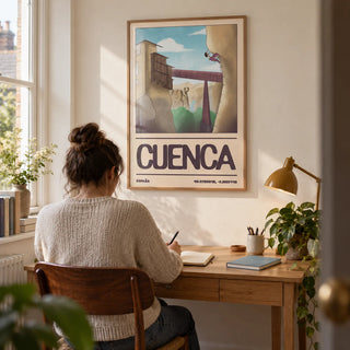 Rock Climbing Poster, framed on the wall of a compact home study in a UK terrace with a warm white wall