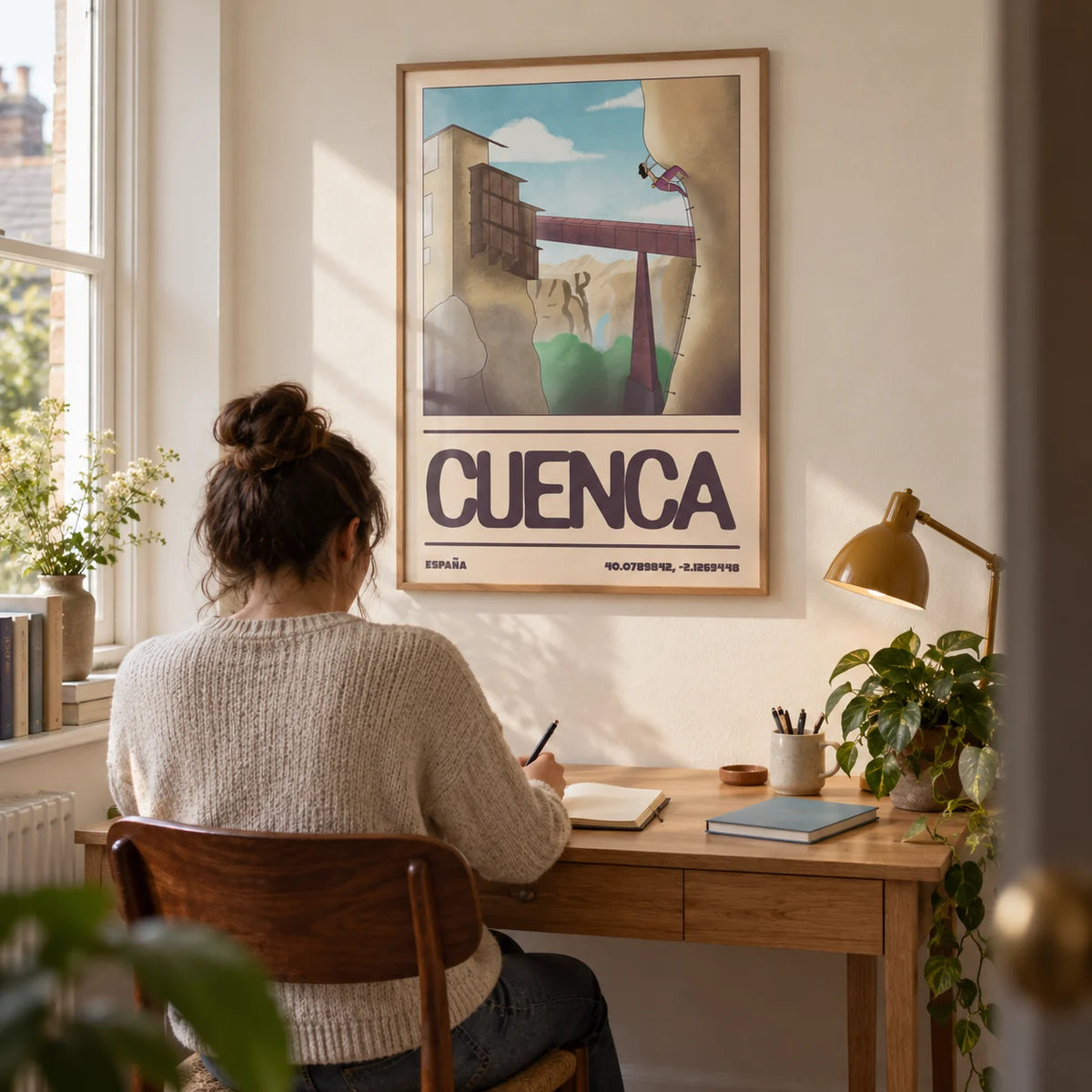 Rock Climbing Poster, framed on the wall of a compact home study in a UK terrace with a warm white wall