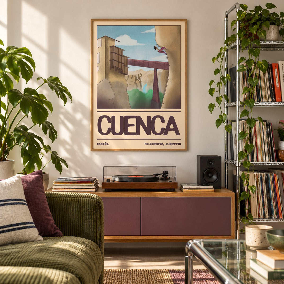 Rock Climbing Poster shown in a city apartment record corner (frame not included)
