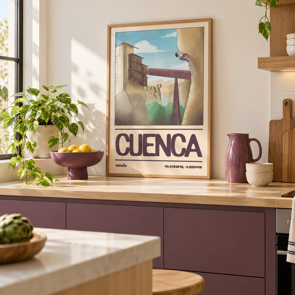 Rock Climbing Poster shown in a minimalist kitchen (frame not included)