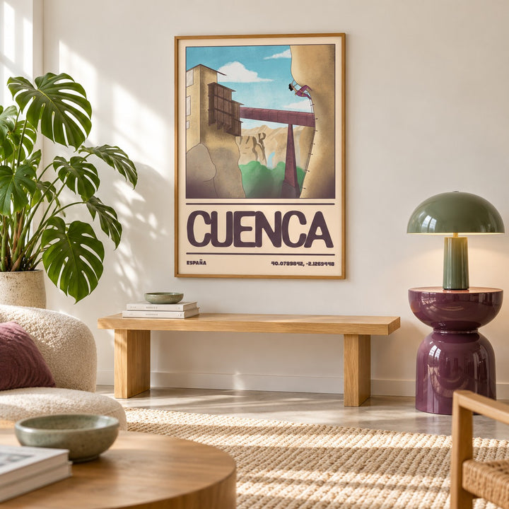 Rock Climbing Poster shown in a minimalist living room with an oak bench (frame not included)