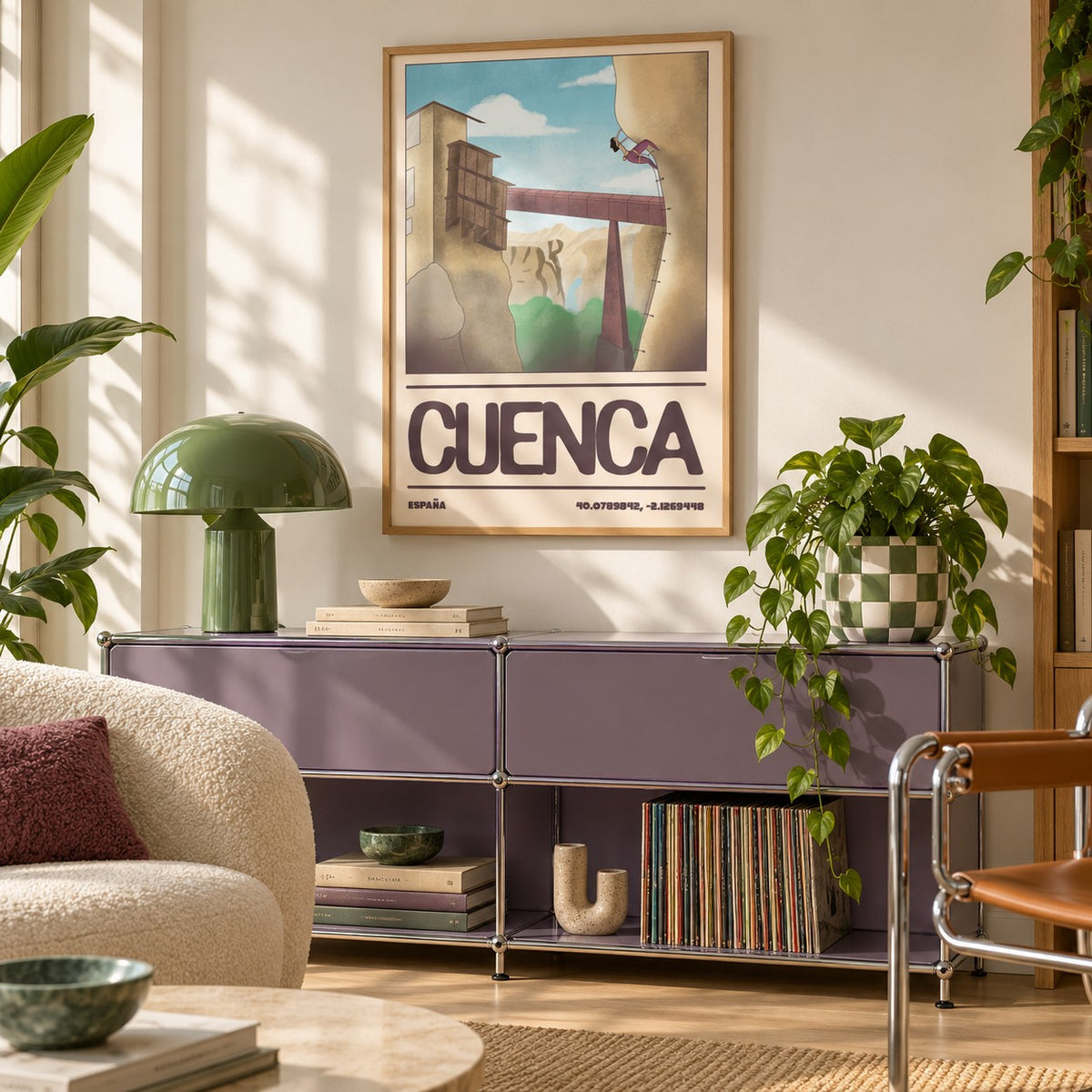 Rock Climbing Poster shown in a playful living room with a retro modular sideboard (frame not included)