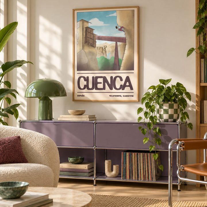 Rock Climbing Poster shown in a playful living room with a retro modular sideboard (frame not included)