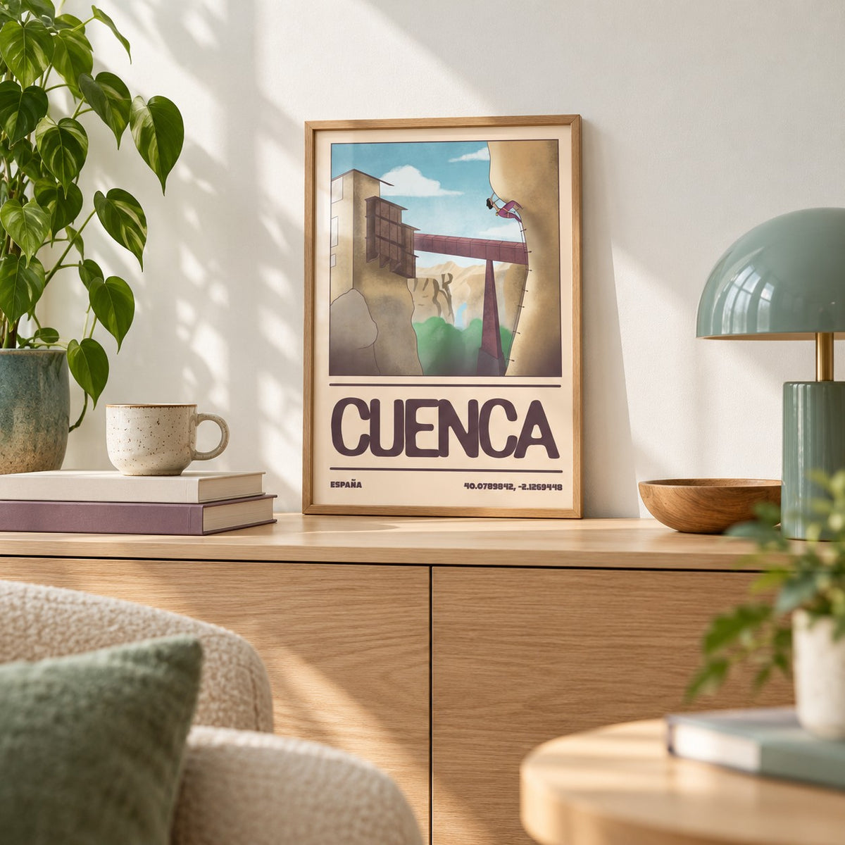 Rock Climbing Poster shown in the small A4 size on a shelf (frame not included)