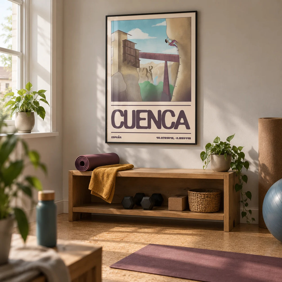 Rock Climbing Poster, framed on the wall of a small home exercise room in a UK house with a pale warm grey wall and plain cork flooring