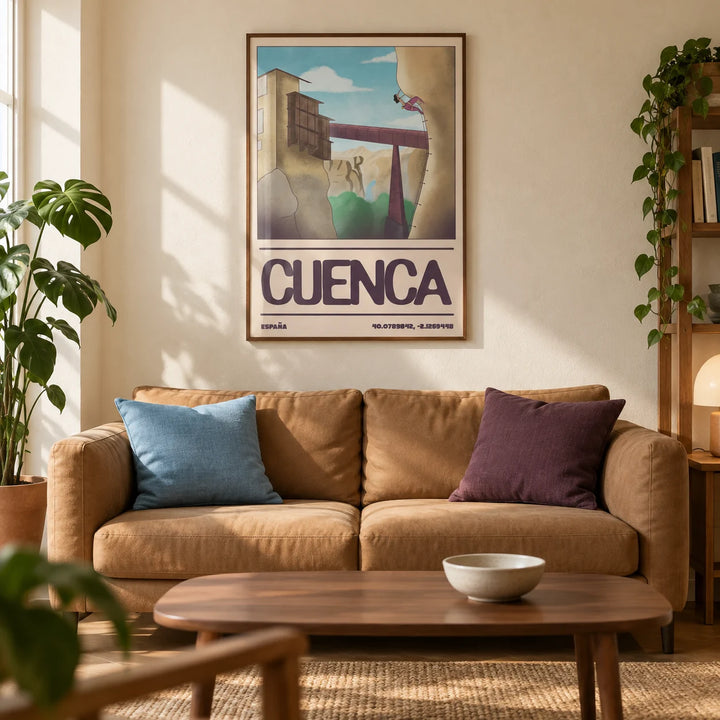Rock Climbing Poster, framed on the wall of a warm modern living room in a climber's first UK flat (22-30)