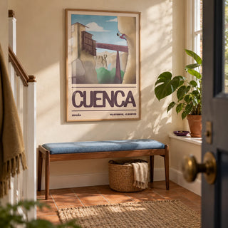 Rock Climbing Poster, framed on the wall of a welcoming entrance hall in a UK terraced home with warm cream plaster and terracotta floor tiles