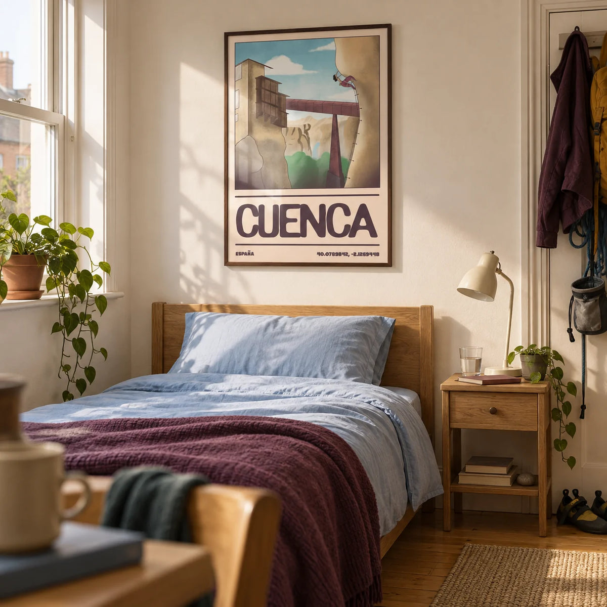 Rock Climbing Poster, framed on the wall of a young adult climber's single bedroom (18-25) in a UK shared house