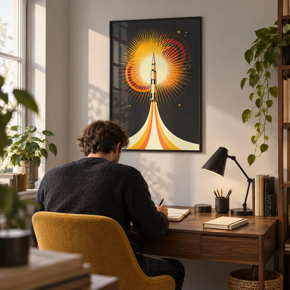 Rocket Launch Art Print, framed on the wall of a compact home study in a young adult's UK first flat (22-28)