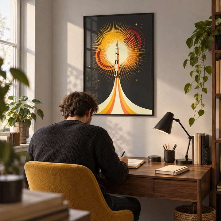 Rocket Launch Art Print, framed on the wall of a compact home study in a young adult's UK first flat (22-28)