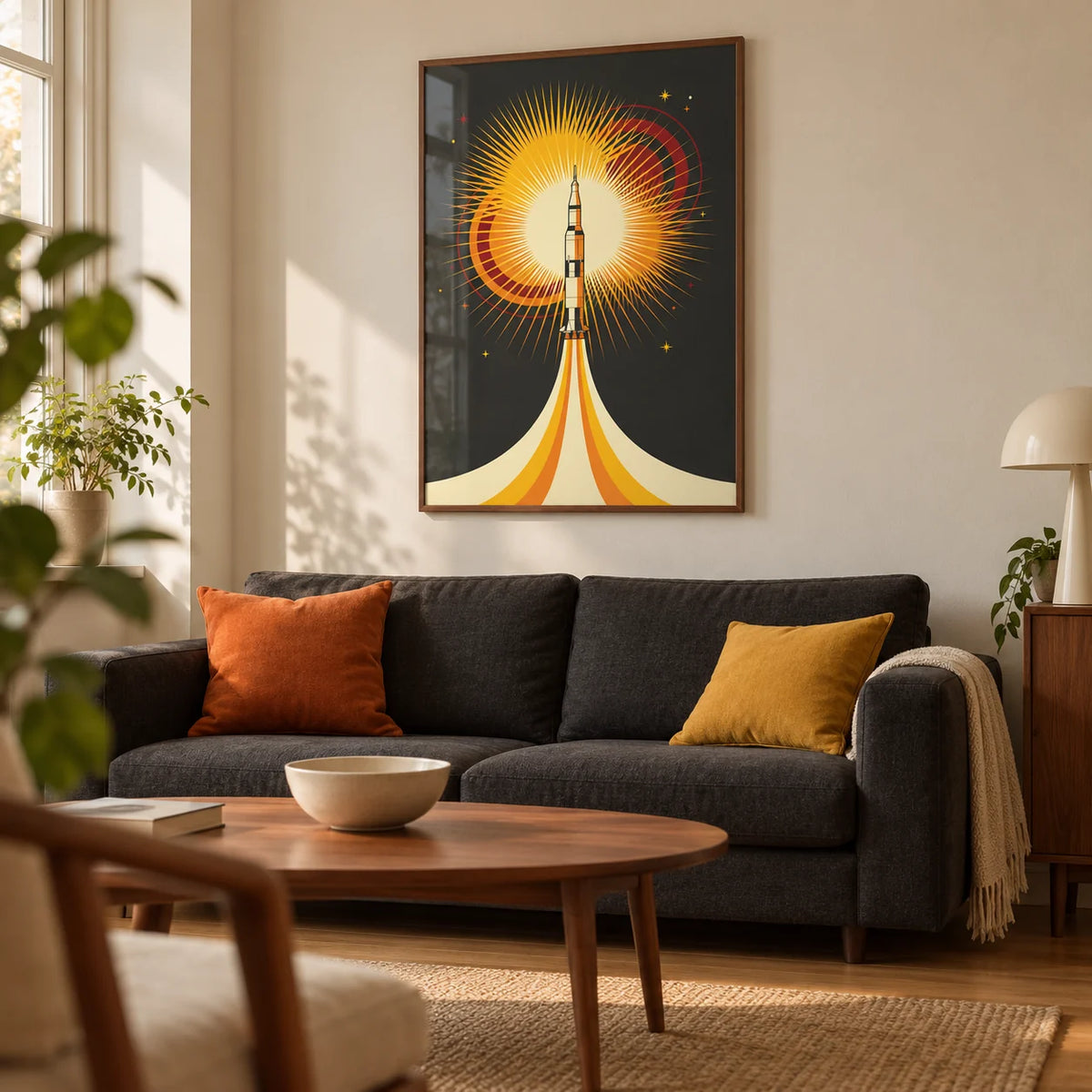 Rocket Launch Art Print, framed on the wall of a retro modern living room in a UK flat with a warm white wall and simple oak floor