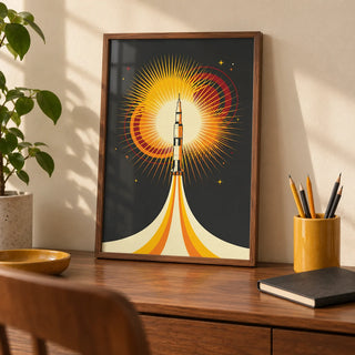 Rocket Launch Art Print, a small A4 framed print leaning on a walnut desk