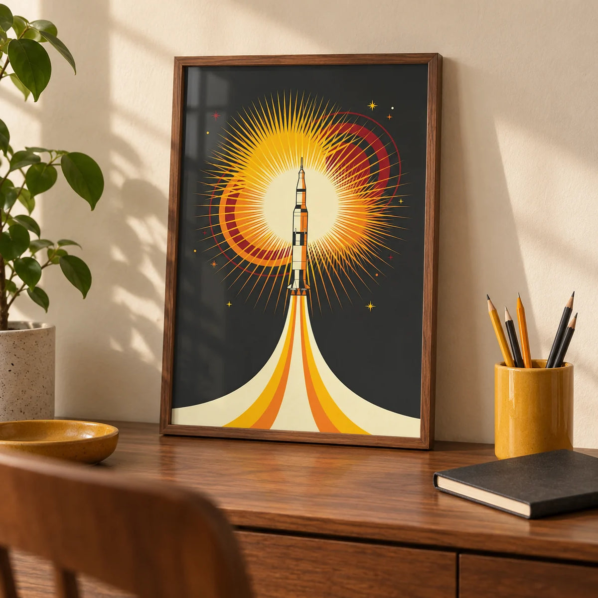 Rocket Launch Art Print, a small A4 framed print leaning on a walnut desk