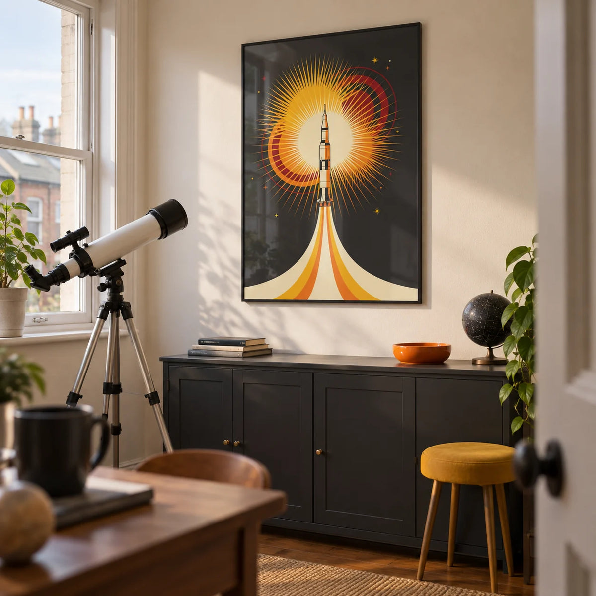 Rocket Launch Art Print, framed on the wall of a small astronomy hobby room in a UK terraced house with a cream wall and a charcoal painted storage cabinet