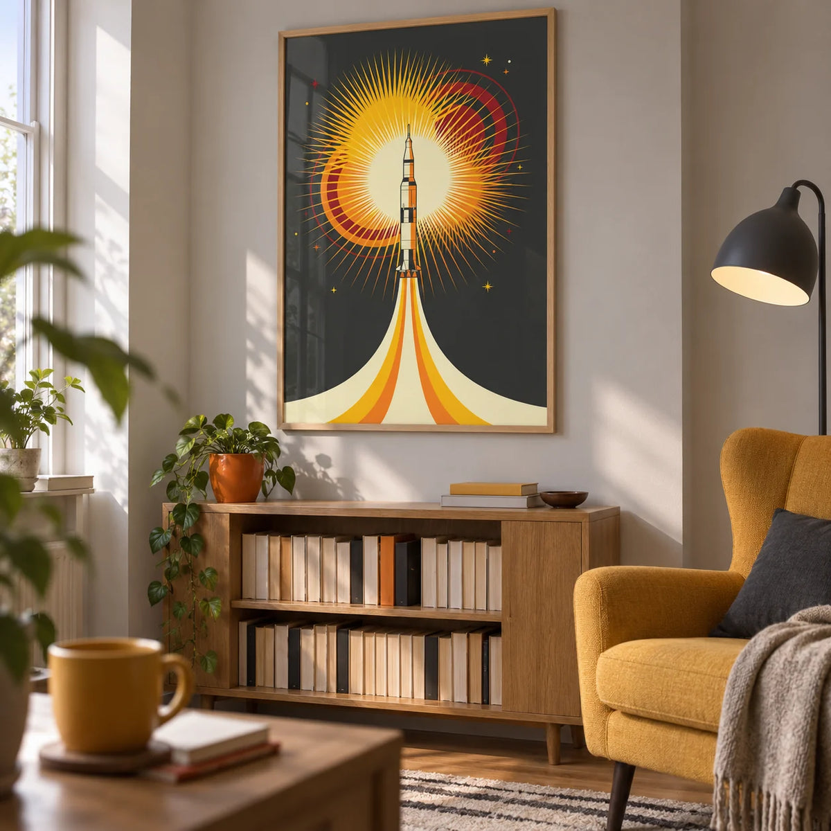 Rocket Launch Art Print, framed on the wall of an university student's reading corner (18-21) in a UK shared house with a pale grey wall and a shallow alcove in a living room