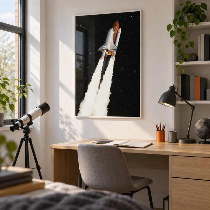 Rocket Launch Wall Art, framed on the wall of a compact university study area for an astronomy student (18-21) with a white wall and simple built-in shelving