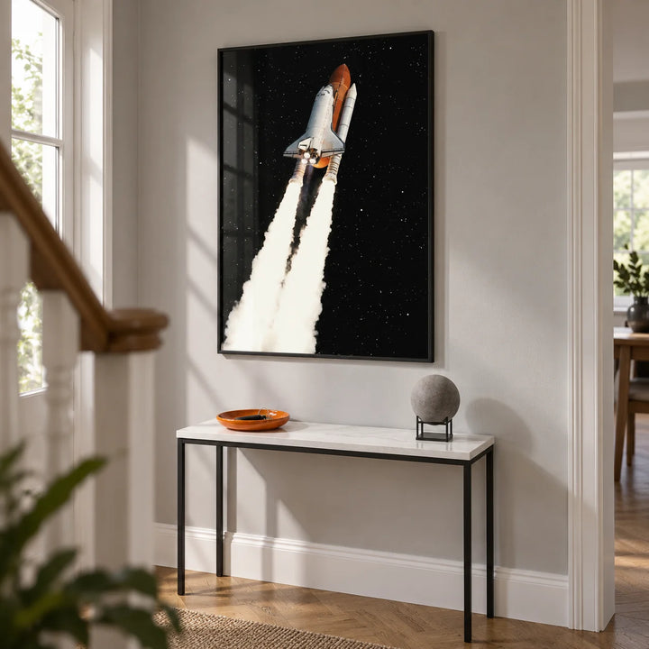 Rocket Launch Wall Art, framed on the wall of a crisp contemporary hallway in a UK terraced home with a pale grey wall and oak floor