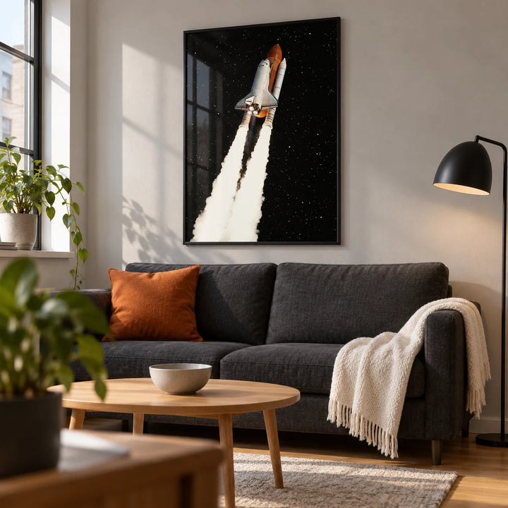 Rocket Launch Wall Art, framed on the wall of a modern living room in a young space enthusiast's first flat (22-28)