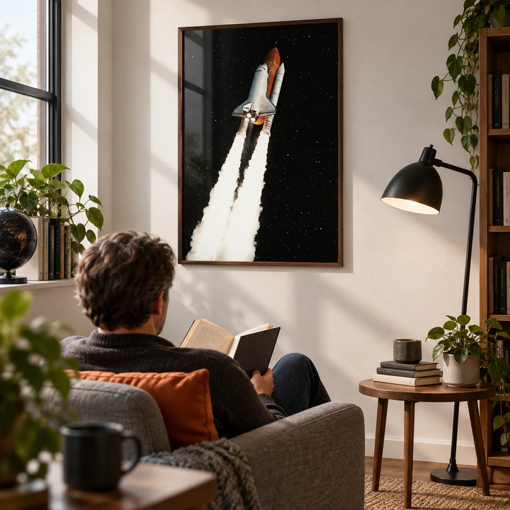 Rocket Launch Wall Art, framed on the wall of a quiet reading corner in an adult astronomy enthusiast's UK home with a soft white wall in a living room