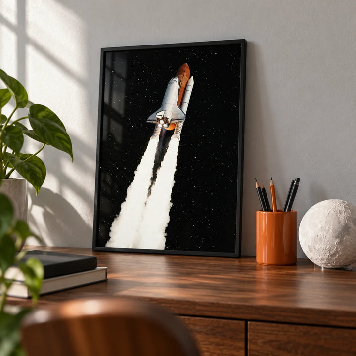 Rocket Launch Wall Art, a small A4 framed print leaning on a walnut desk
