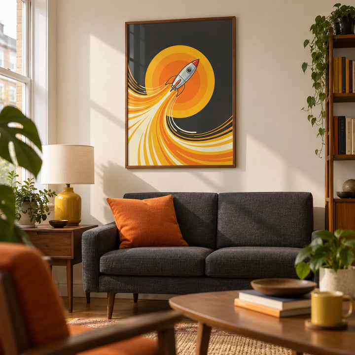 Rocket Wall Art, framed on the wall of a compact mid-century living room in a UK flat belonging to a retro space-art collector (25-40)
