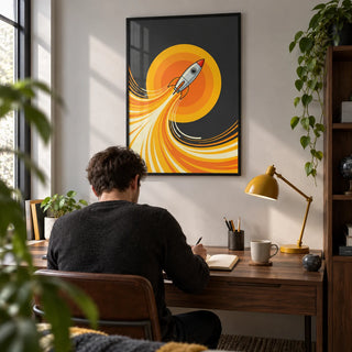 Rocket Wall Art, framed on the wall of a compact study for a space enthusiast (22-40) in a UK first flat