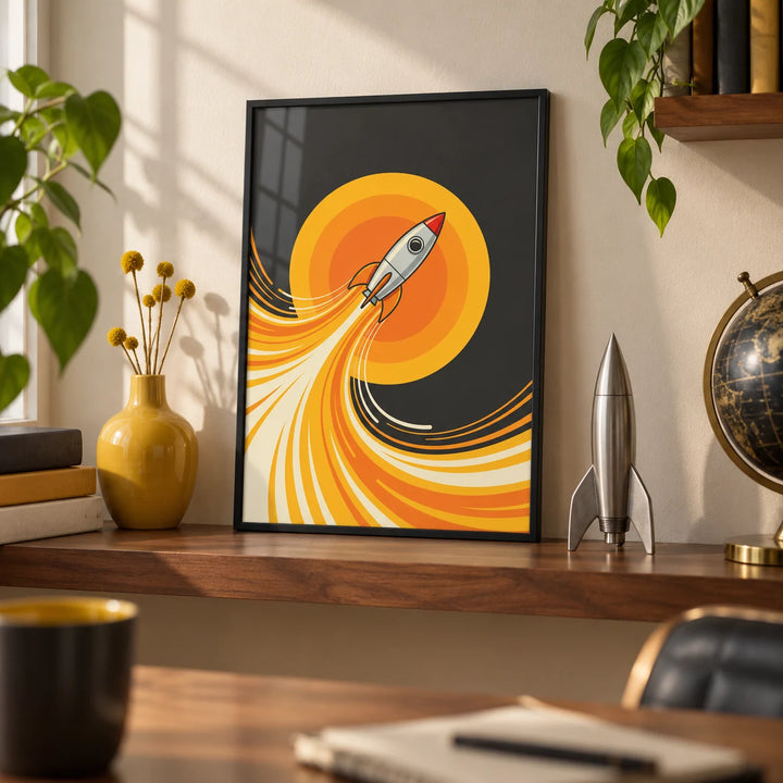 Rocket Wall Art, a small A4 framed print leaning on a walnut shelf in a home office